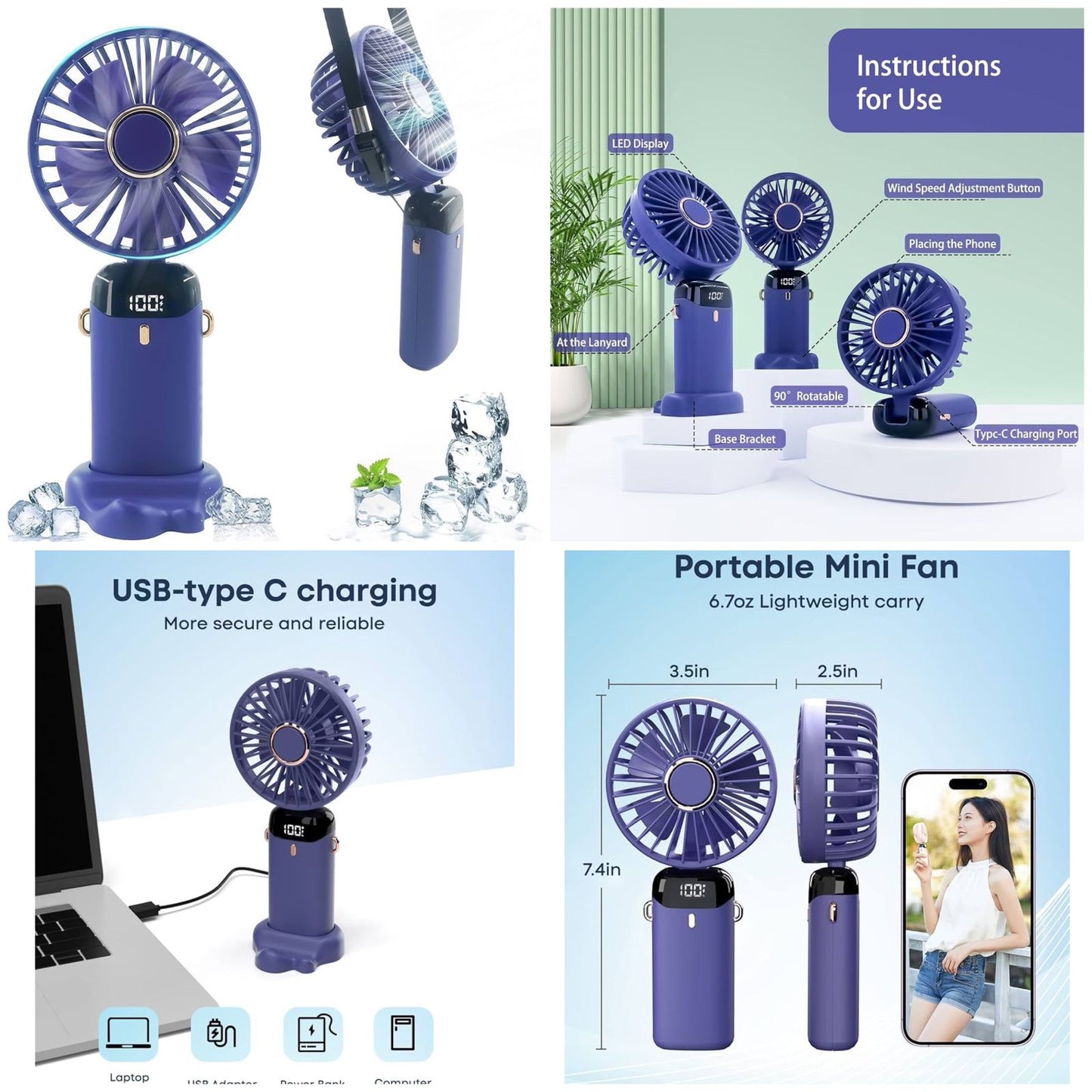Rechargeable Digital Mini Fan – 5-in-1 Portable Handheld Cooling Fan with USB-C Charging & Smart Display